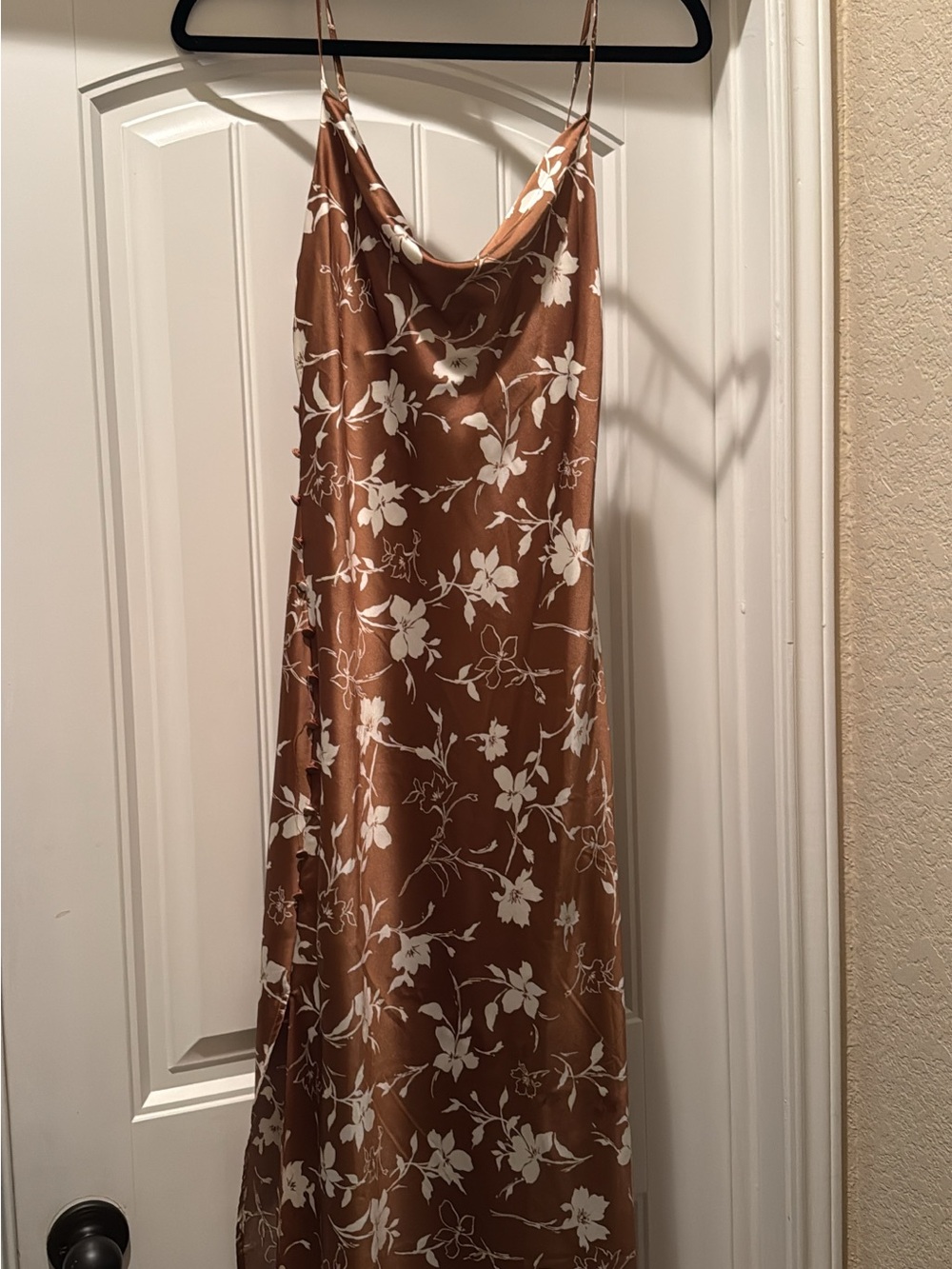 Brown Floral Slip Dress with White Print